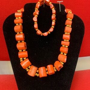 Bold Coral and Gold Beaded Necklace and Bracelet Set